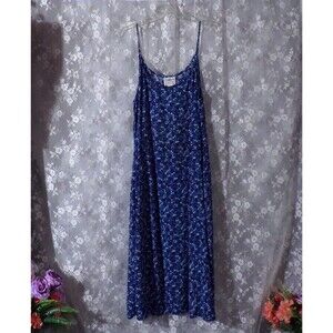 Vintage 90s Floral Maxi Dress Size XL 1990s Retro Blue Flowers Boho Hippie Rayon